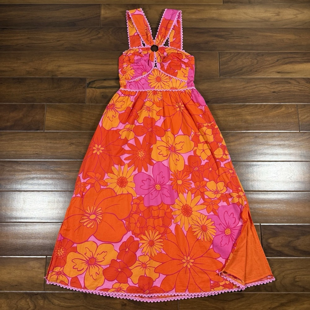 J.Marie Womens Size XS Orange Pink Floral Lizzie Ric Rac Cross Halter Midi Dress